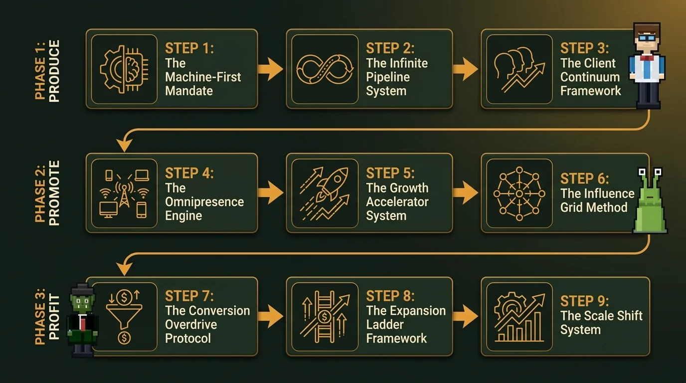The Produce, Promote, Profit nine-step system: Phase 1 Produce - the Machine-First Mandate, the Infinite Pipeline System, the Client Continuum Framework. Phase 2 Promote - the Omnipresence Engine, the Growth Accelerator System, the Influence Grid Method. Phase 3 Profit - the Conversion Overdrive Protocol, the Expansion Ladder Framework, the Scale Shift System.